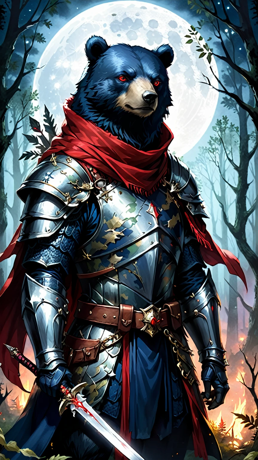 “anthropomorphic_bear vivid eyes face detail”, wearing a ((camouflage leather armor)), a dark blue mantle and a red-lived scarf holding a medieval dagger. Dark envoused forest at night in front of a huge moon, foliage, gloomy and dark environment, high in detail and improvement enhaced.