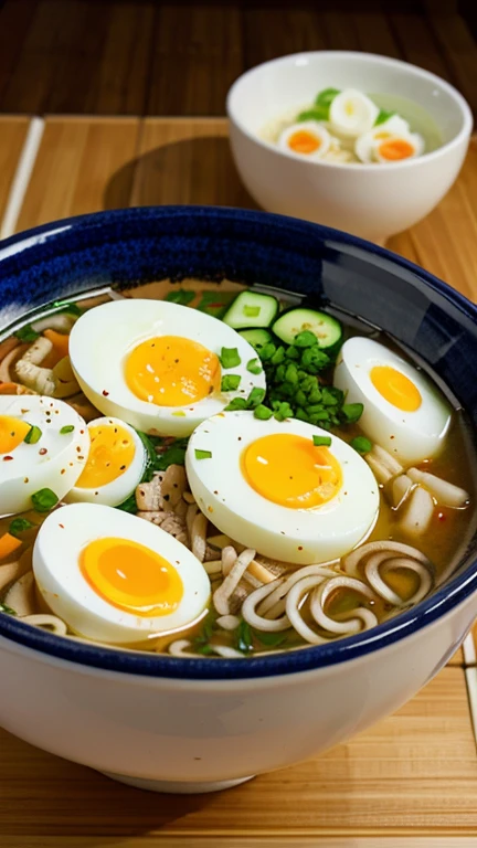 Deliciously Hearty Bowl of Ramen with Soft-Boiled Eggs and Onions