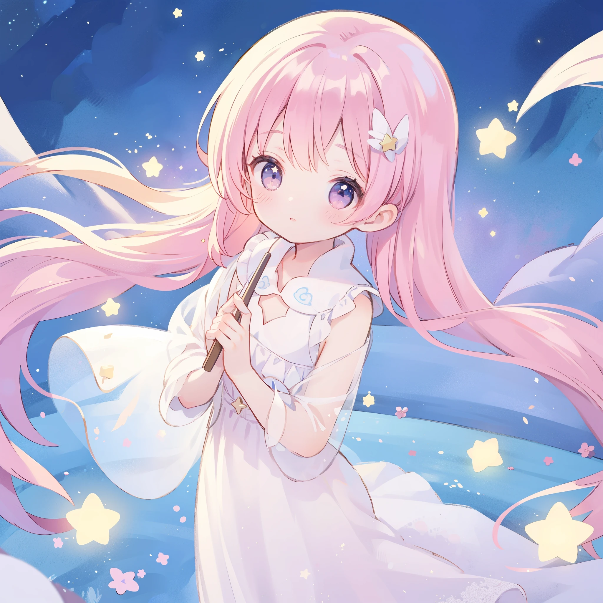 complex background, wishing star background, a woman wearing an ethereal mystical pink translucent dress that reflects the stars, dreamy, peaceful, serene composition, glowing stars, glowing, mystic, complex drawing, highly detailed, ethereal, starry night, midjourney style