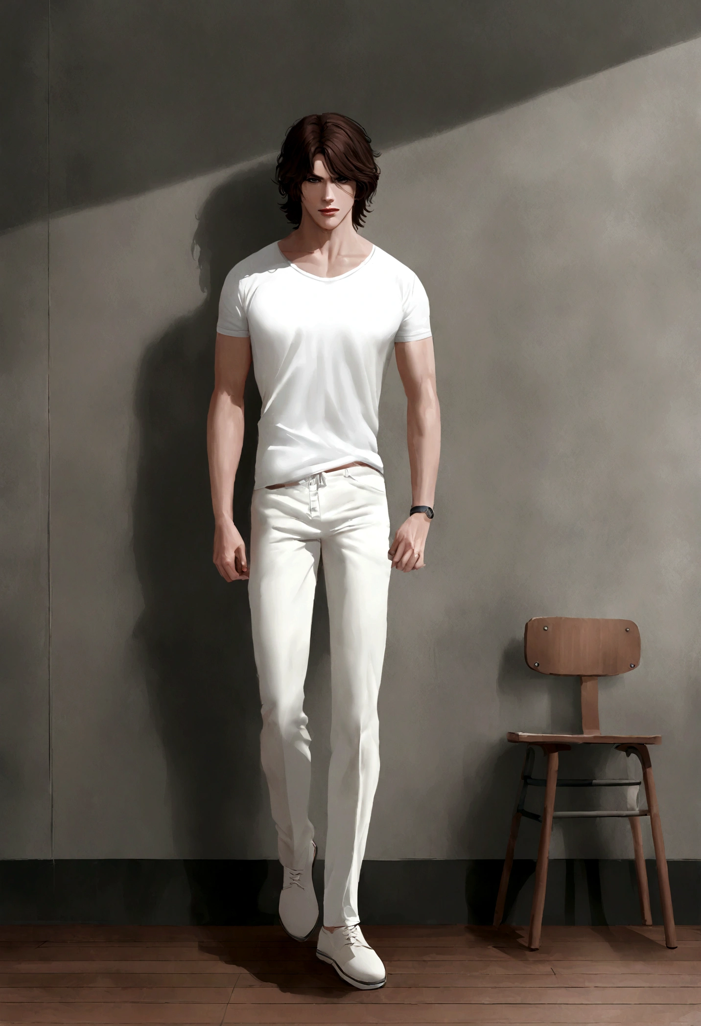 (Camiseta blanca para hombre), ), (con una barba chica,) Aspecto atractivo y serio, Dark brown hair, Elegante y con estilo, Camiseta de cuerpo fuerte afeitada, Un hombre similar al actor Jim Morrison, (Imagen realista y de alta calidad), Apartamento escandinavo en el fondo con pintura de pared azul, ((La mejor calidad, 8K, obra maestra).