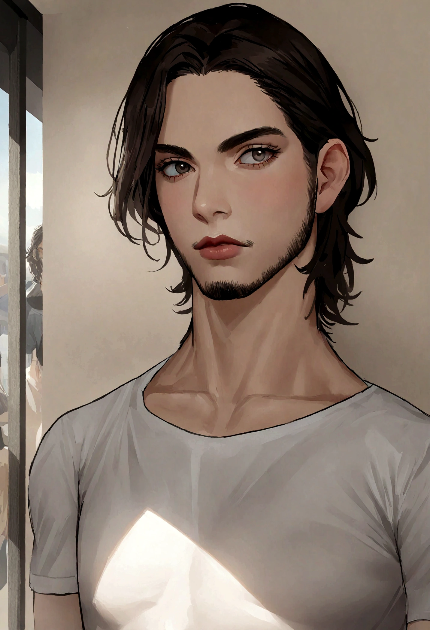 (Camiseta blanca para hombre), ), (con una barba chica,) Aspecto atractivo y serio, Dark brown hair, Elegante y con estilo, Camiseta de cuerpo fuerte afeitada, Un hombre similar al actor Jim Morrison, (Imagen realista y de alta calidad), Apartamento escandinavo en el fondo con pintura de pared azul, ((La mejor calidad, 8K, obra maestra).