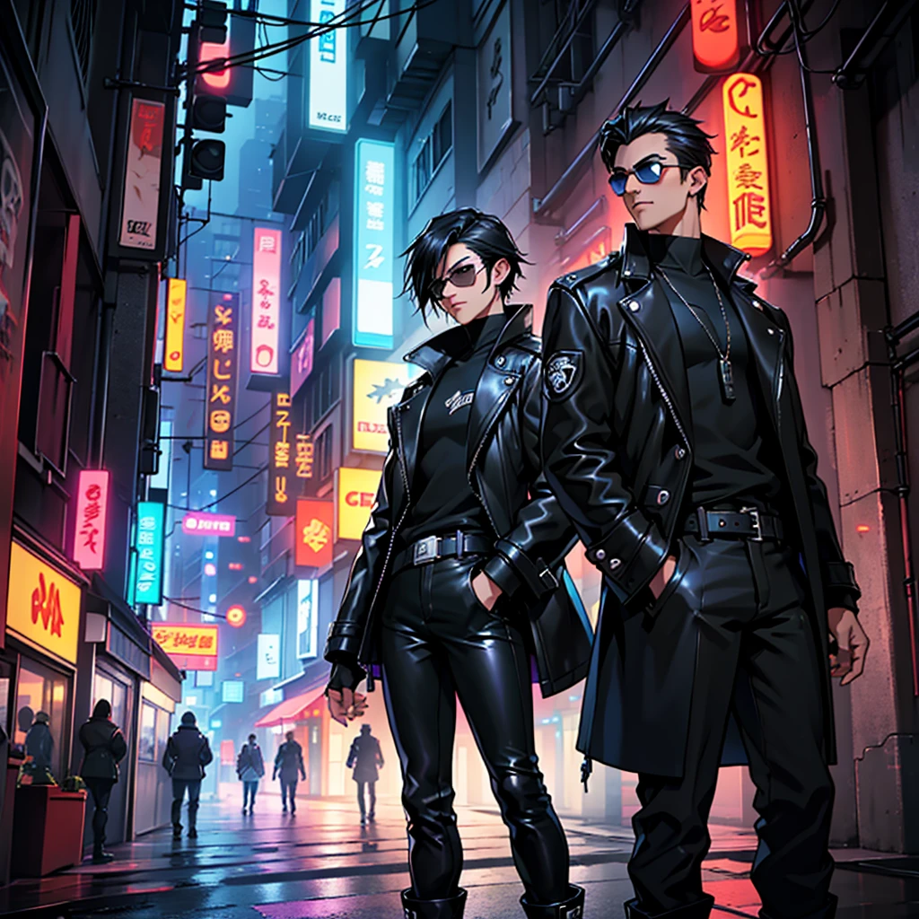 Create an enhanced, high-quality, fantasy anime-style image of a young man with short black hair and brown eyes. He wears a black long leather coat and black leather trousers, reminiscent of Neo from the Matrix movies. He sports black 90s-style sunglasses. He stands tall on a neon-lit street, with Matrix references blended with Overwatch game aesthetics.