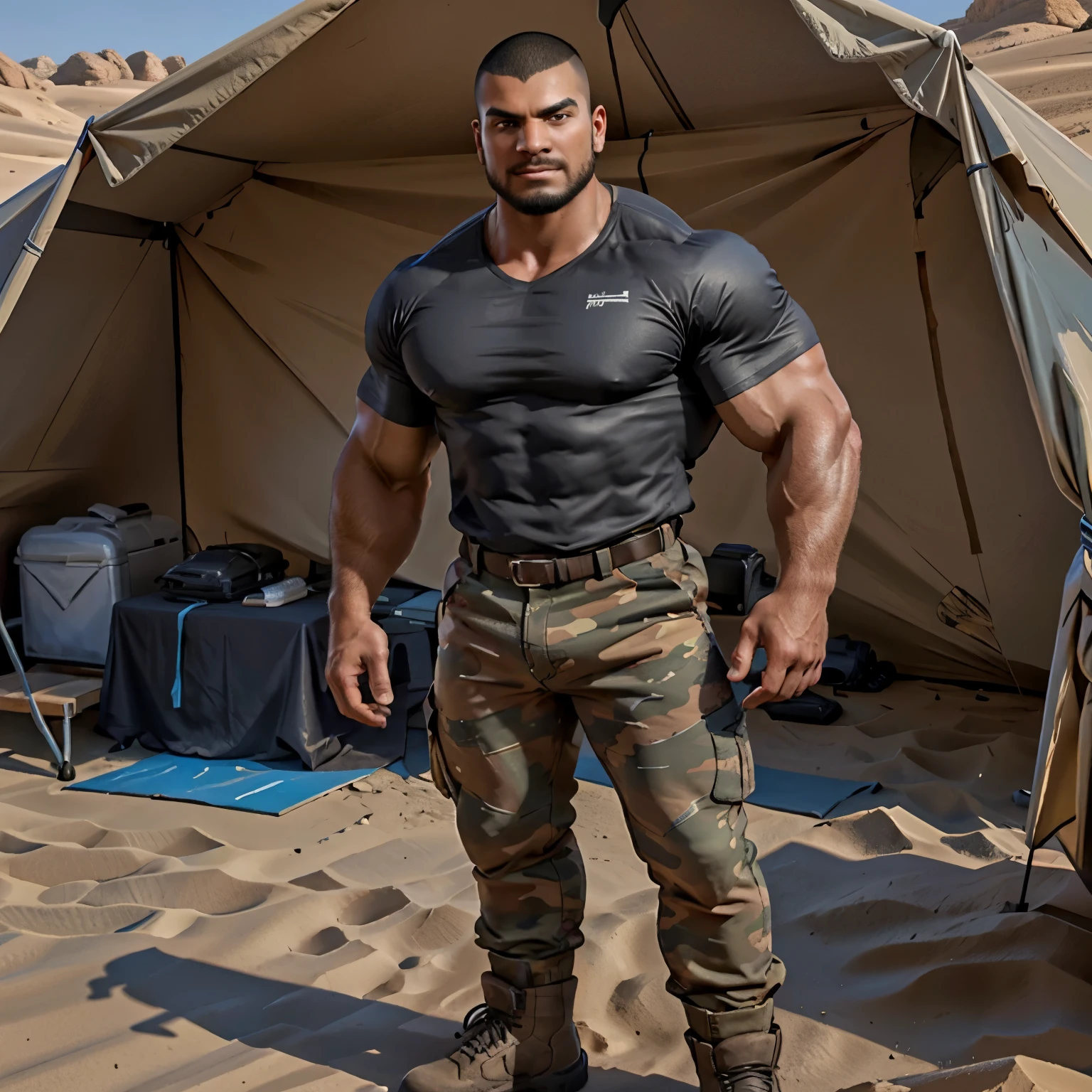 (masterpiece, best quality:1.2), 1boy, solo, (cowboy shot), inside desert camouflage colored tent, (standing at attention), brunette hair, (buzz cut hair),black shirt, short sleeves shirt, huge biceps, camouflage pants, black shirt, short sleeves shirt, boots, topless male, beefy, dark-skinned male, dark skin, manly, muscular male, the expression is particularly happy, the expression of excitement, the euphoria is a close-up, the lens mainly features the upper body, high quality, 4K, 8K, resolution, -auto-s2