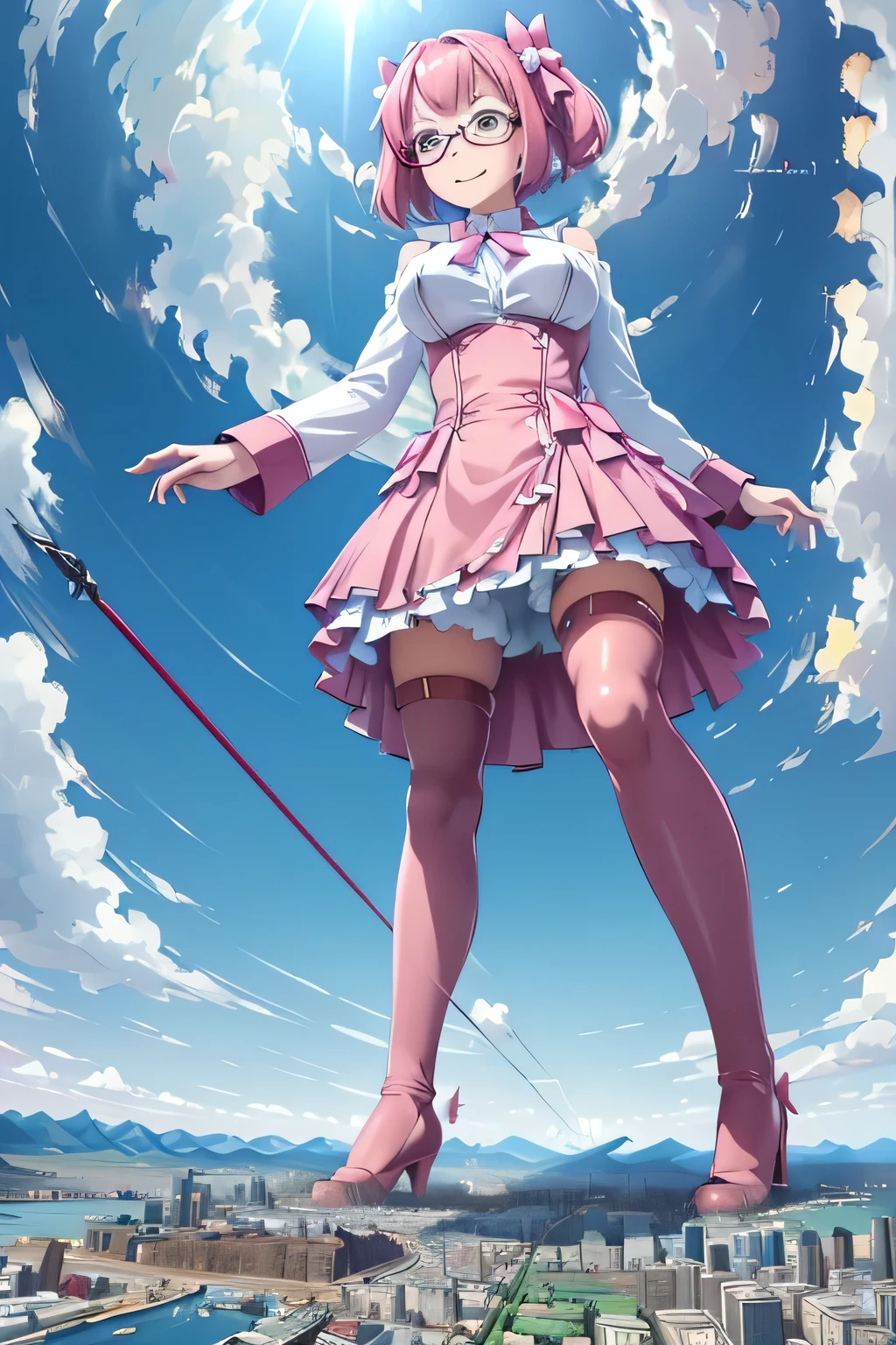giantess art, highly detailed giantess shots, giantess, Two legs, Five fingers, short hair, A beautiful girl who is bigger than a skyscraper, Wearing rimless glasses, smile, Big Breasts, pink dress, bow, magical girl, magical wand, black pantyhose, pink stiletto heels, Rays of light from a wand, Destroying cities, A very small big city, Miniature metropolis, Full body description, GTS, giga giantess, stomping city, crash city, tiny city, micro city, pantyhose feet, High resolution, highest quality, masterpiece,