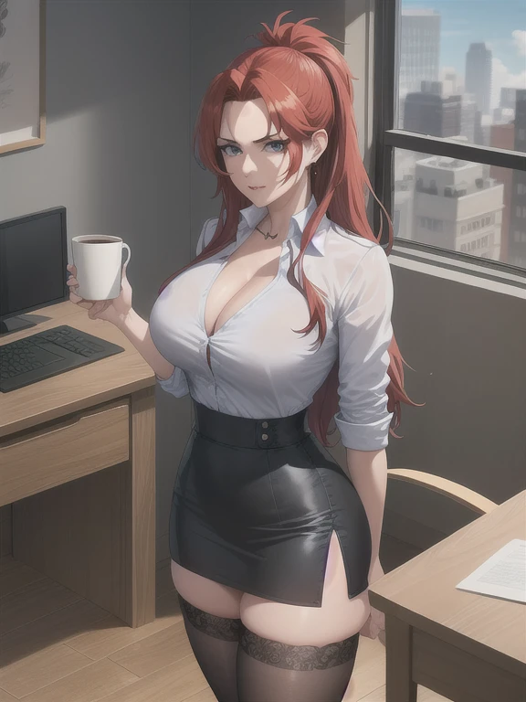 (highres, best quality:1.2), intricate details, vibrant image, sharpness, colorful,
, solo, 1girl, mature female, milf, full body shot, looking at viewer, standing , (against wall:1.1),indoors, office, table, chair, computer, coffee mug, window, sky,
determined, red hair, long hair, loose hair, makeup, blue eyes, perfect eyes, perfect face, detailed face, earrings, 
 shirt dress, miniskirt, thighhighs, high heels, 
slim, mediun breasts, cleavage, thighs, 

