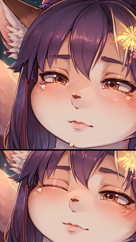 Hallucination, daydream , fantastic , Fear , bokeh , fox girl , hair tie , Medium hair , up hair , natsu matsuri , Japanese festival , Sensual nape , Fireworks display , front view , (closeup face:1.9) , glossy lips , detail , Close eyes and pout , Waiting for a kiss , from below