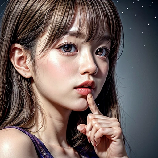 (highest quality,Super detailed,Physically Based Rendering:1.2), (RAW, Realistic, Photorealistic:1.37), (Acutance:0.85),Portraiture,Beautiful young woman with Delicate facial features,Soft lighting, ((Playfully licking finger with tongue, Gently placing a finger in the mouth)), (Close-up shot of sensual lips),Cheeks turn slightly red,A gentle and captivating gaze, cute BabyLike finger . Studio gray background, Light Particles, many blurred colorful Lights (dazzling bokeH) . BREAK . (((NOGIZAKA face variations)))  Extremely Detailed very KAWAII face variations, elaborate detailed Eyes with (sparkling highlights:1.2), (Voluminous long eyelashes:0.9)、Glossy RED Lips with beautiful details, Coquettish tongue, Rosy cheeks, Radiant PearlSkin with clear transparency, (Natural:0.7) Detailed FlawlessSkin with glowing DowneyHair . { (Dynamic LifeLike expressions) | :d) }, (large eyes:-1) . mouth_hold