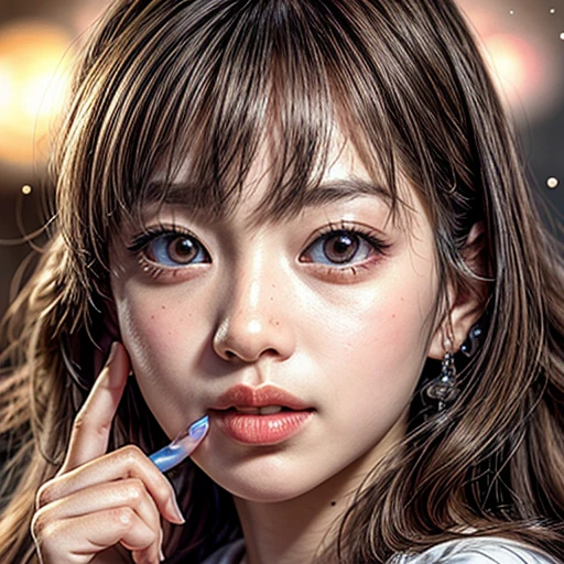 (highest quality,Super detailed,Physically Based Rendering:1.2), (RAW, Realistic, Photorealistic:1.37), (Acutance:0.85),Portraiture,Beautiful young woman with Delicate facial features,Soft lighting, ((Playfully licking finger with tongue, Gently placing a finger in the mouth)), (Close-up shot of sensual lips),Cheeks turn slightly red,A gentle and captivating gaze, cute BabyLike finger . Studio gray background, Light Particles, many blurred colorful Lights (dazzling bokeH) . BREAK . (((NOGIZAKA face variations))) Extremely Detailed very KAWAII face variations, elaborate detailed Eyes with (sparkling highlights:1.2), (Voluminous long eyelashes:0.9)、Glossy RED Lips with beautiful details, Coquettish tongue, Rosy cheeks, Radiant PearlSkin with clear transparency, (Natural:0.7) Detailed FlawlessSkin with glowing DowneyHair . { (Dynamic LifeLike expressions) | :d) }, (large eyes:-1) . mouth_hold