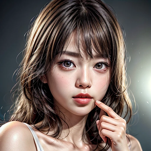 (highest quality,Super detailed,Physically Based Rendering:1.2), (RAW, Realistic, Photorealistic:1.37), (Acutance:0.85),Portraiture,Beautiful young woman with Delicate facial features,Soft lighting, ((Playfully licking finger with tongue, Gently placing a finger in the mouth)), (Close-up shot of sensual lips),Cheeks turn slightly red,A gentle and captivating gaze, cute BabyLike finger . Studio gray background, Light Particles, many blurred colorful Lights (dazzling bokeH) . BREAK . (((NOGIZAKA face variations))) Extremely Detailed very KAWAII face variations, elaborate detailed Eyes with (sparkling highlights:1.2), (Voluminous long eyelashes:0.9)、Glossy RED Lips with beautiful details, Coquettish tongue, Rosy cheeks, Radiant PearlSkin with clear transparency, (Natural:0.7) Detailed FlawlessSkin with glowing DowneyHair . { (Dynamic LifeLike expressions) | :d) }, (large eyes:-1) . mouth_hold