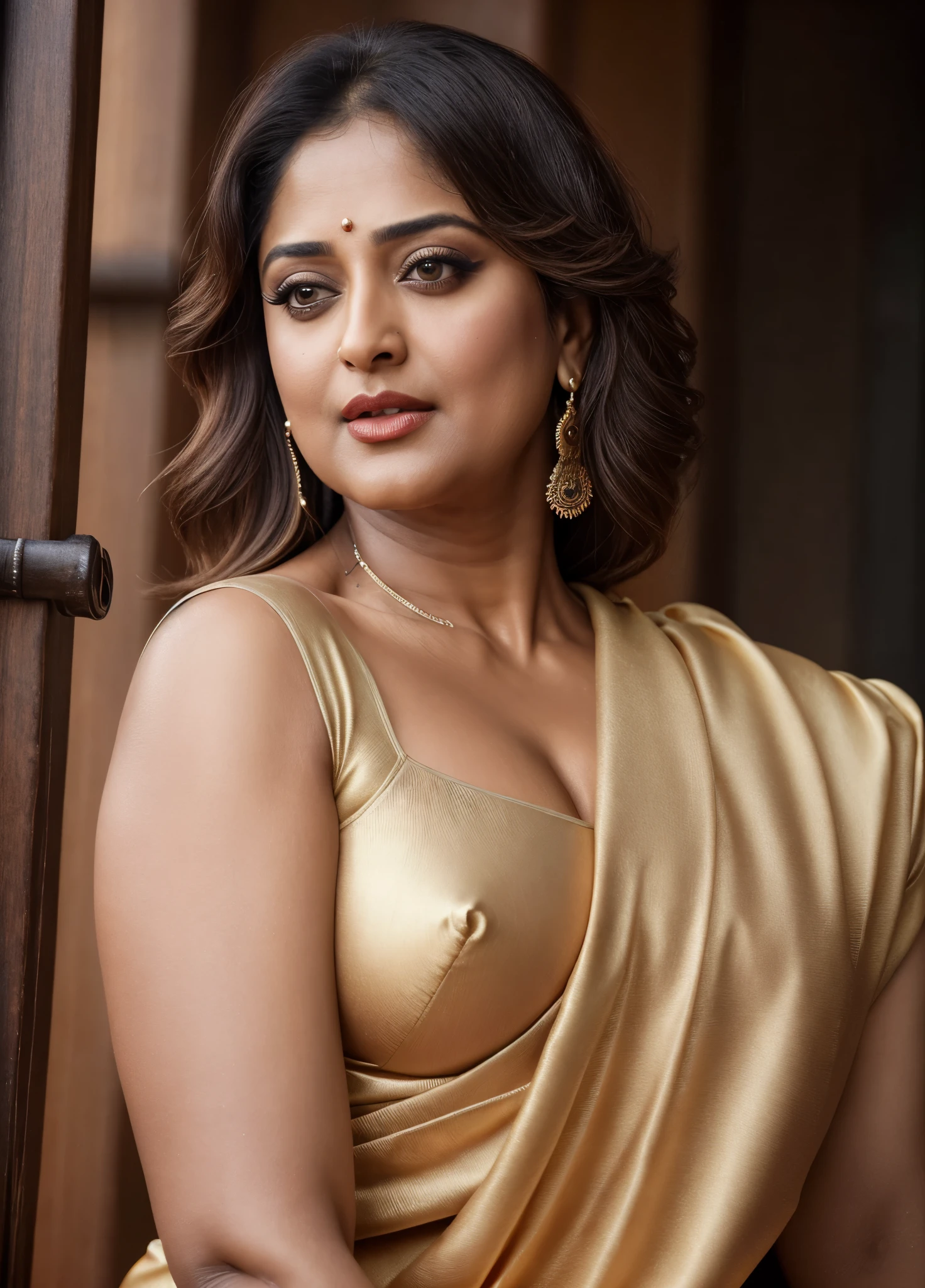 50yo mature MILF Anushka Shetty,((best quality)), ((masterpiece)), ((realistic)), eye kajal, mascara, red lips, sensual Beauty, provoking body, extreme sweat, sweat soaked skin, slight stretch marks, alluring figure, bulging figure, thick charming lady, curvy, thick navel, full figured woman, eye kajal, massive breast, full body, styled hair, pierced eyes, female face,royal aura, trend on artstation , sharp focus, studio photo, intricate detail, very detailed, detailed eye, illustration, very detailed, sharp focus, digital render, professional, 4k