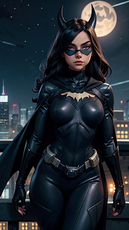 [1girll (Catwomanl) 1.2] (Night sky, Cityscape, gotham city background) [Reality 0.8] [3d 0.9] [Mask, Long hair, Blue eyes, tightsuit, Breasts, Cape, domino mask, belt, breasts, Superhero, mitts, Lips, Black bodysuit, helmet, belt buckle, Horns, bat_print, pouch) 1.1] [Curvy (Narrow waist, small breasts) 1.2] [Grading 1.1]
