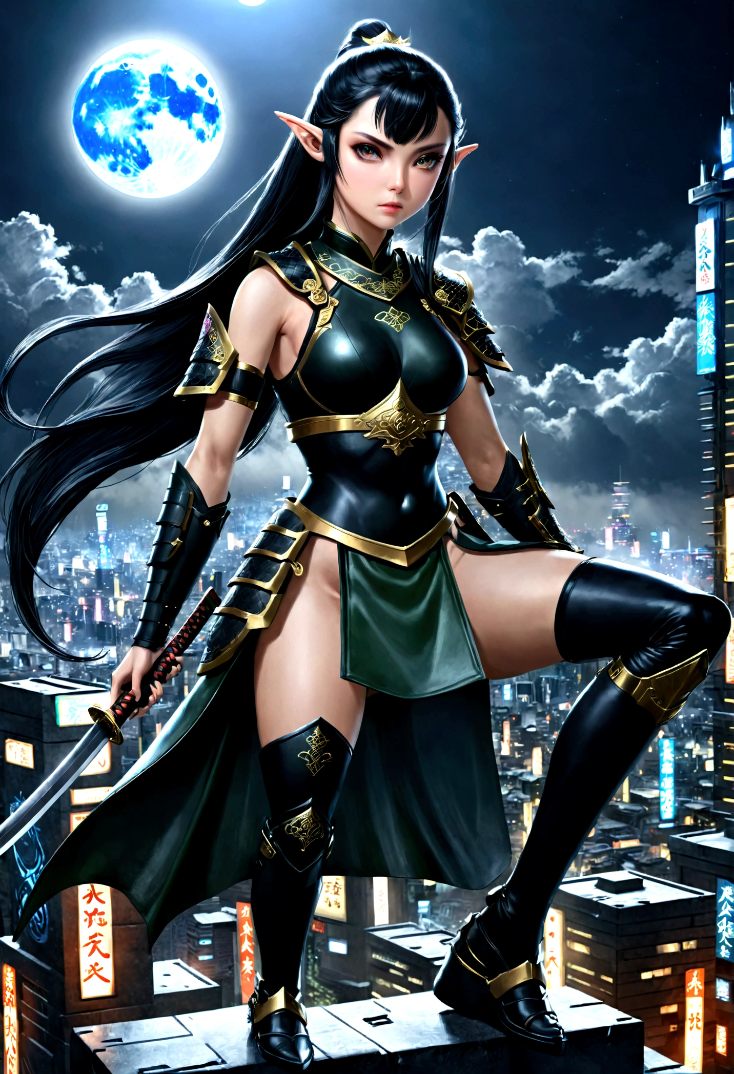 fantasy art, RPG art, dark fantasy art, a female elf samurai, ready to battle, she wears traditional samurai armor, she wears armored skirt, armed with a katana, she stands on top of a tower in a cyberpunk city, exquisite beautiful female elf, long hair, black hair, straight hair, braided hair, black eyes, intense eyes, small pointed ears, cyberpunk city at night, background, moon, stars, clouds, god rays, soft natural light, dynamic angle, photorealism, panoramic view, ultra best realistic, best details, 16k, [ultra detailed], masterpiece, best quality, (extremely detailed), photorealism,