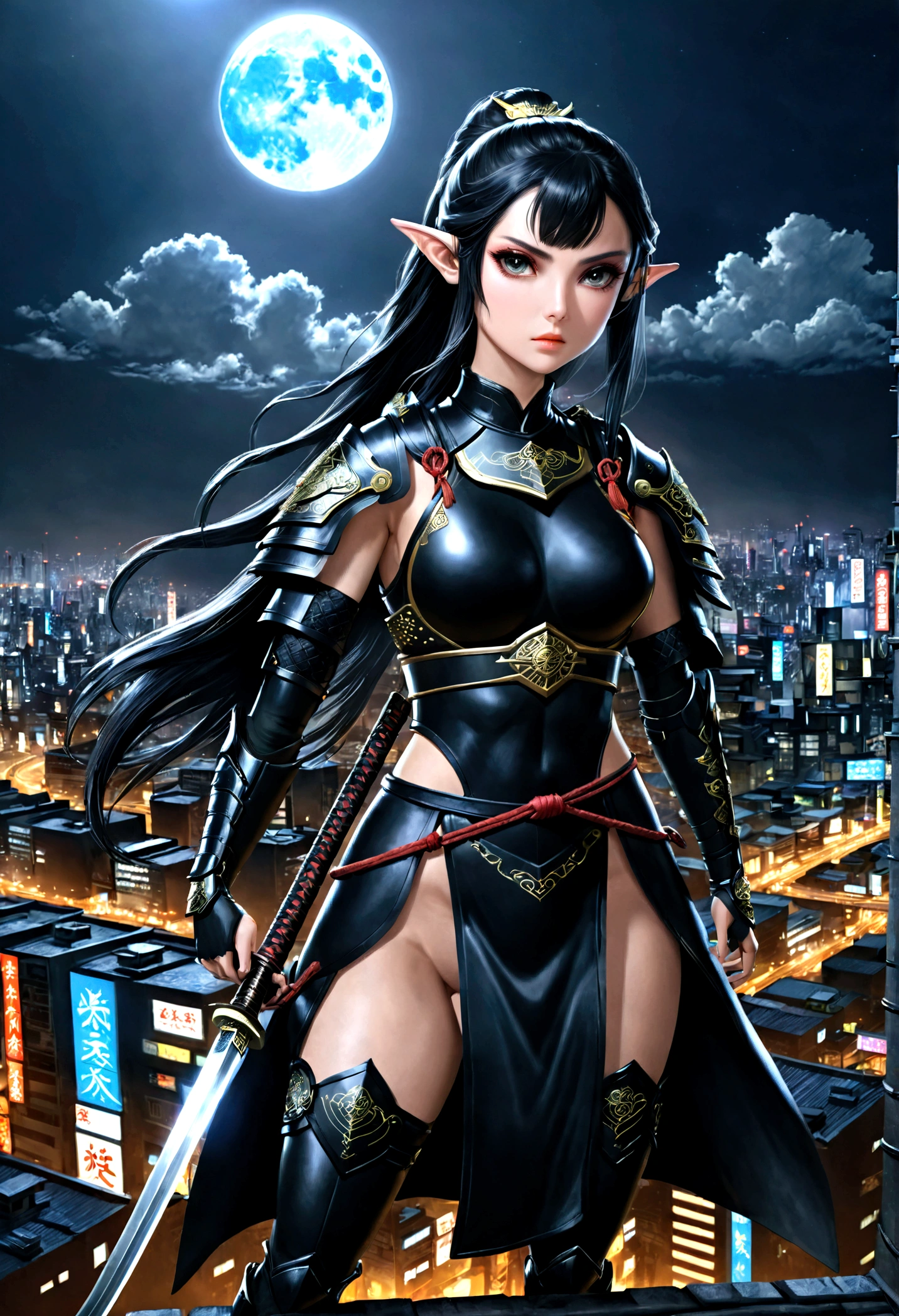 fantasy art, RPG art, dark fantasy art, a female elf samurai, ready to battle, she wears traditional samurai armor, she wears armored skirt, armed with a katana, she stands on top of a tower in a cyberpunk city, exquisite beautiful female elf, long hair, black hair, straight hair, braided hair, black eyes, intense eyes, small pointed ears, cyberpunk city at night, background, moon, stars, clouds, god rays, soft natural light, dynamic angle, photorealism, panoramic view, ultra best realistic, best details, 16k, [ultra detailed], masterpiece, best quality, (extremely detailed), photorealism,