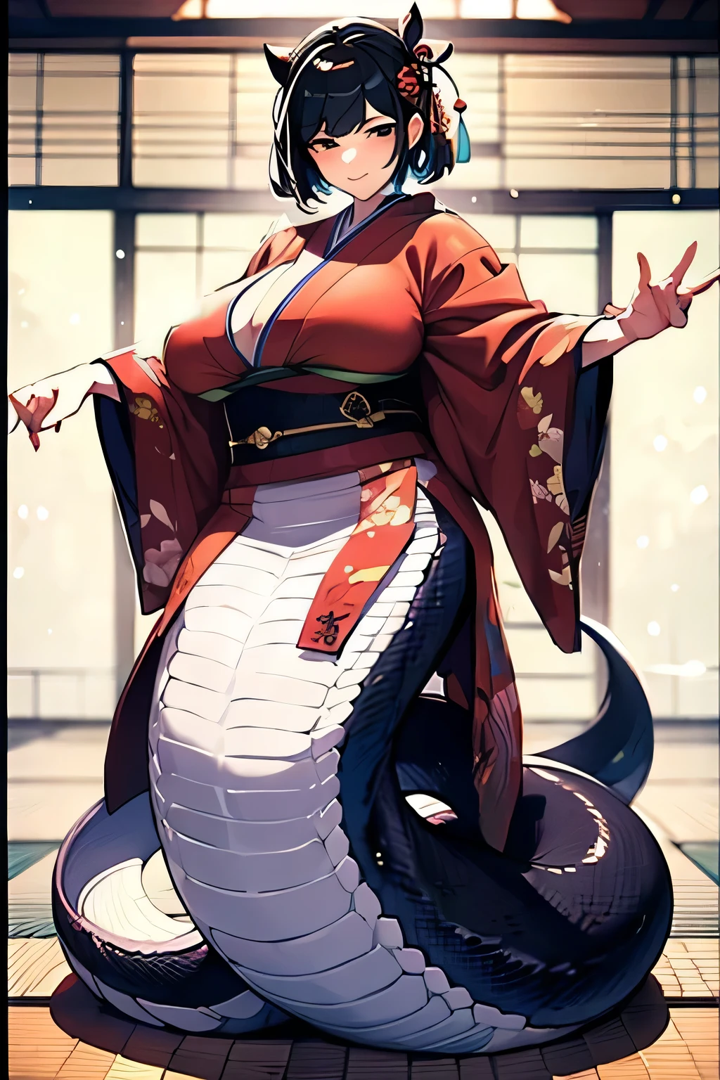 Snake Woman,Woman in Japanese clothing,White scales,The lower part of the body is a large snake,gigantic breasts,