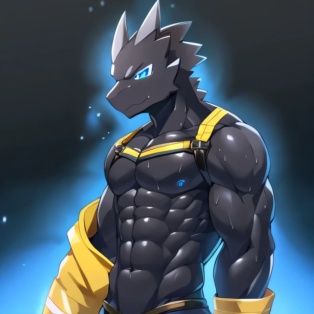 Thin macho western black dragon abs Hollow abs body suit thick arms chest rig 、sweaty skin glow profile Wearily short of breath Chemo
have a blue eyes Tired look Glowing abs Deep abdominals jacket profile