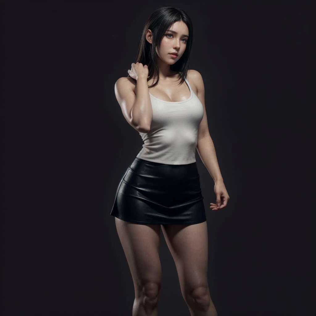 there is a woman in a short skirt and a top posing for a picture, realistic 3 d style, tifa lockhart, seductive tifa lockhart portrait, style. 8k, seductive girl, cyberpunk girl, tifa, realistic anime artstyle, tifa lockhart portrait, digital art, portrait of tifa lockhart, photorealistic girl render