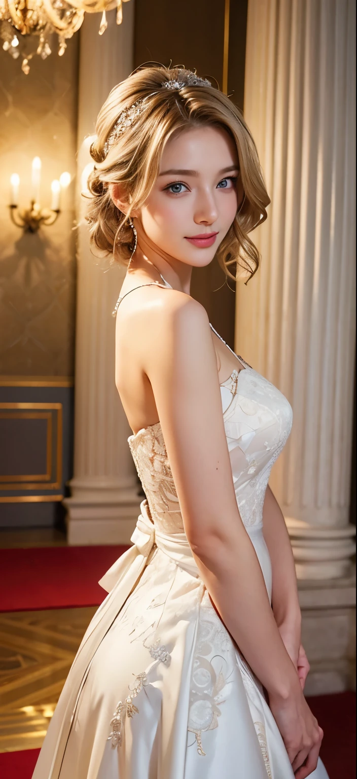 bride、wedding style、wedding styleの写真、Luxury Dresses、church、Lightly Dressed、Formal Wear、night景、illumination、blue eyes、blonde、short hair、Hair tied up、Full body photo、Sexy Face、short hair、 Complete look、(((masterpiece)))、((highest quality))、((超Realistic))、成熟したwoman、成熟したwoman、perspective、Very detailed、The perfect temptation、Best image quality、Fine-grained image quality、beautiful、European, woman, French, woman Italian, Italian, smile、blue eyes、jewelry, blue eyes, Realistic, High resolution, Glowing Skin, (Detailed face),jewelry, , night, blonde, Wavy Hair,attractive appearance, smile,