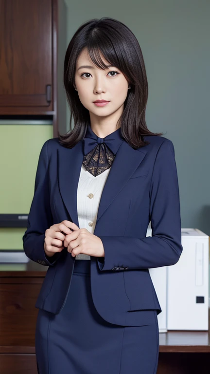 suit,2. Women,Realistic,(超high quality:1.2),Japanese,high quality,masterpiece,(Super detailed:1.4),40yo Japanese lady,Beautiful Face,(Really good:1.4),(skirt-suit:1.1),((office)),(Small breasts),thin,High resolution,