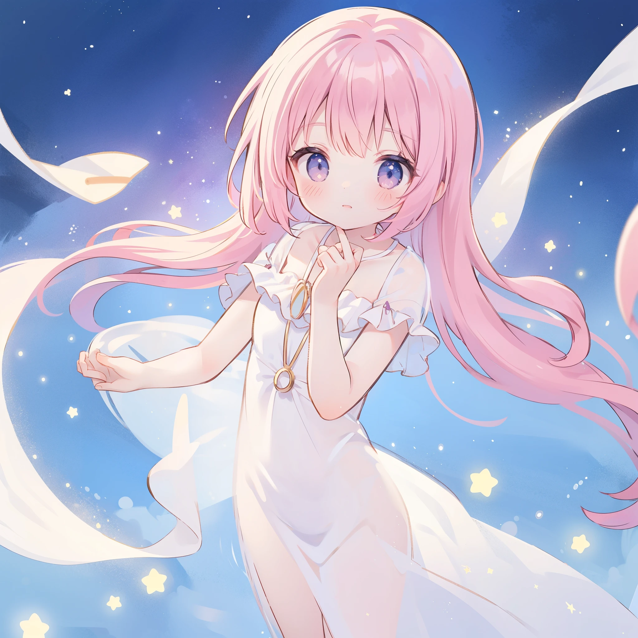 complex background, wishing star background, a woman wearing an ethereal mystical pink translucent dress that reflects the stars, dreamy, peaceful, serene composition, glowing stars, glowing, mystic, complex drawing, highly detailed, ethereal, starry night, midjourney style