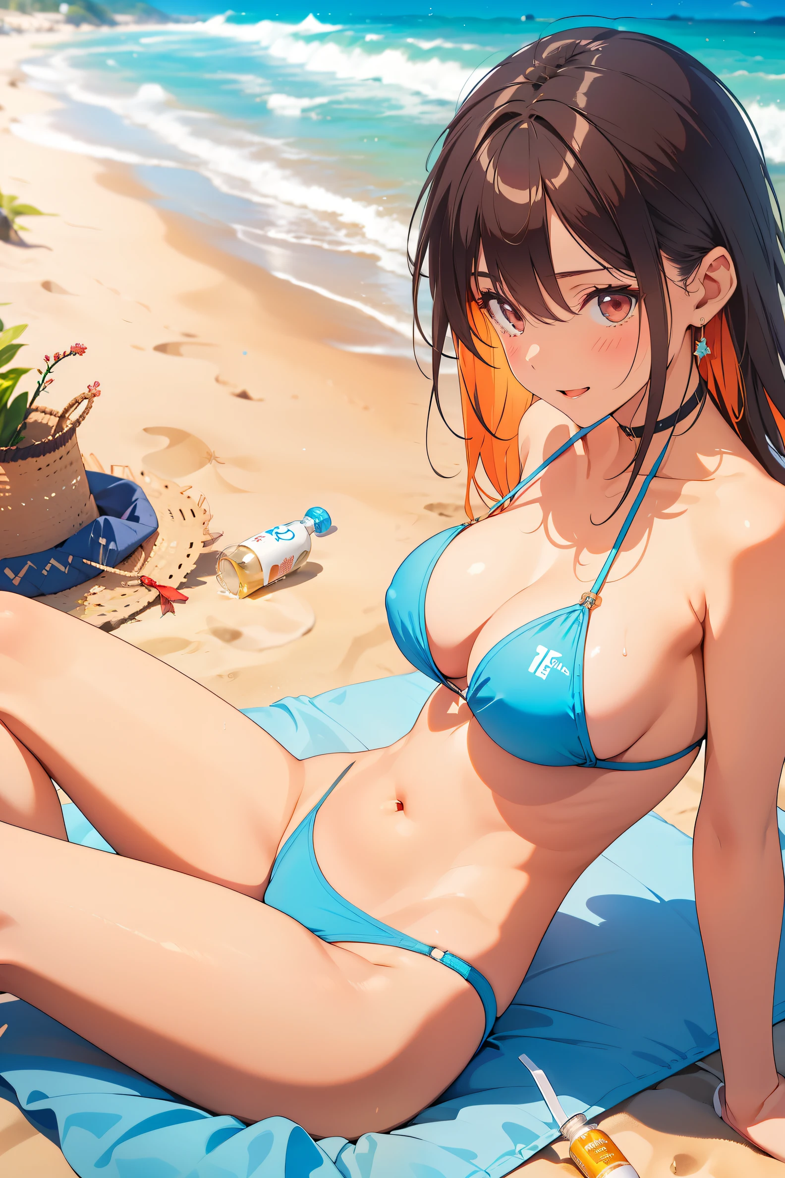 A female company president is on a bed on the beach, having her friend apply oil to her body.