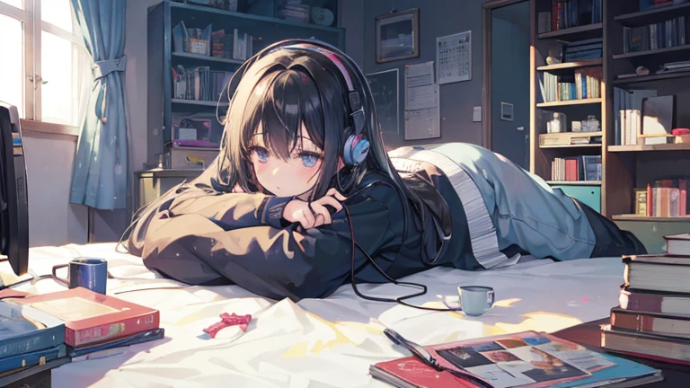 A room with a messy desk and books. Lying in bed、Anime illustration of a black-haired girl sleeping with headphones on and her chin resting on them while listening to music、Dark Eyes、Japanese
