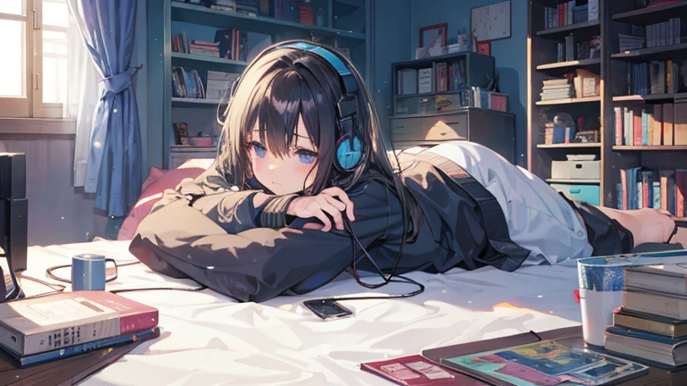A room with a messy desk and books. Lying in bed、Anime illustration of a black-haired girl sleeping with headphones on and her chin resting on them while listening to music、Dark Eyes、Japanese