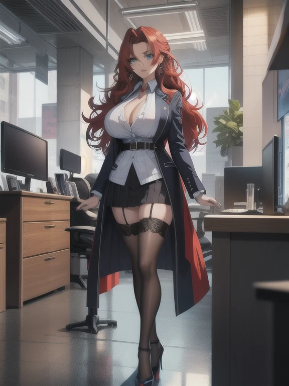 (highres, best quality:1.2), intricate details, vibrant image, sharpness, colorful,
, solo, 1girl, mature female, milf, full body shot, looking at viewer, standing , (against wall:1.1),indoors, office, table, chair, computer, coffee mug, window, sky,
determined, red hair, long hair, loose hair, makeup, blue eyes, perfect eyes, perfect face, detailed face, earrings,
shirt dress, miniskirt, thighhighs, high heels,
slim, mediun breasts, cleavage, thighs,