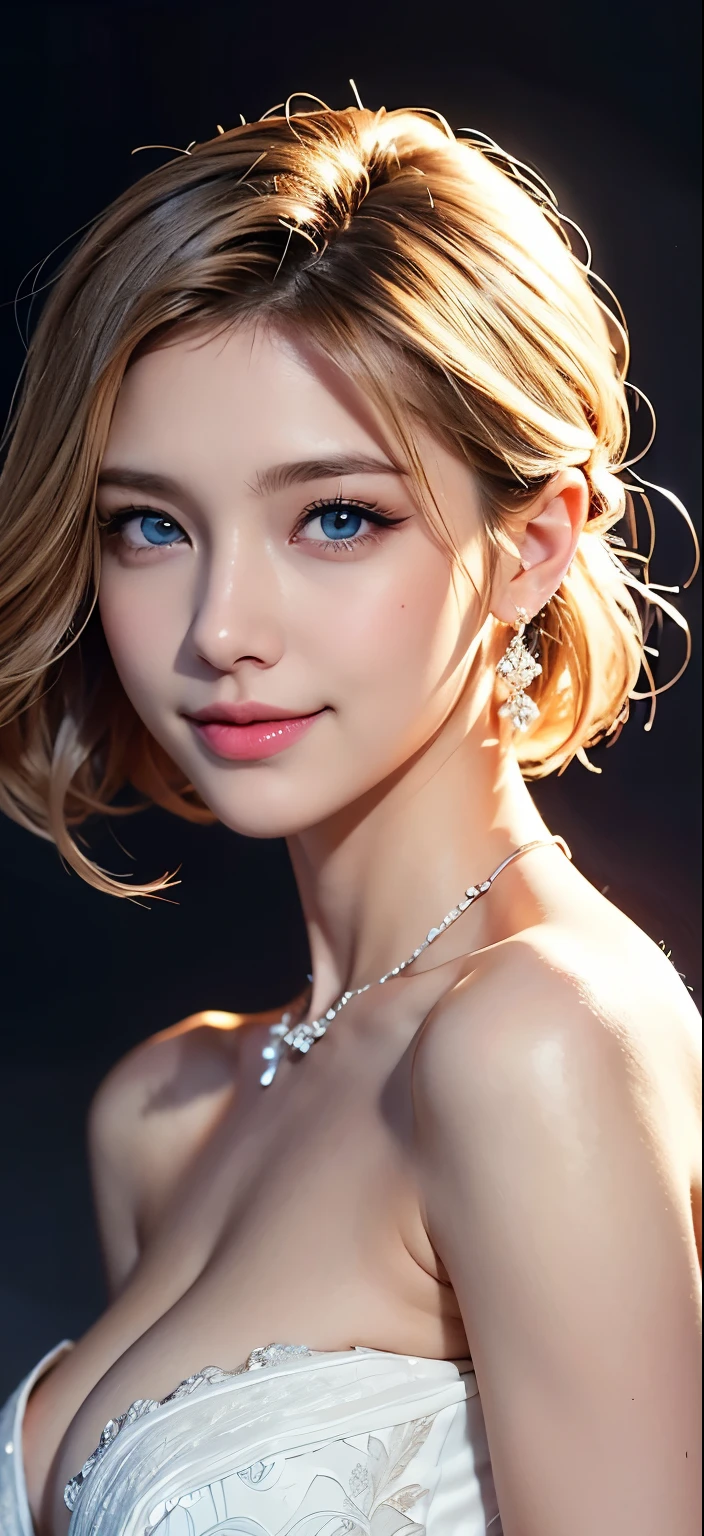 bride、wedding style、wedding styleの写真、Luxury Dresses、church、Lightly Dressed、Formal Wear、night景、illumination、blue eyes、blonde、short hair、Hair tied up、Full body photo、Sexy Face、short hair、 Complete look、(((masterpiece)))、((highest quality))、((超Realistic))、成熟したwoman、成熟したwoman、perspective、Very detailed、The perfect temptation、Best image quality、Fine-grained image quality、beautiful、European, woman, French, woman Italian, Italian, smile、blue eyes、jewelry, blue eyes, Realistic, High resolution, Glowing Skin, (Detailed face),jewelry, , night, blonde, Wavy Hair,attractive appearance, smile,Large Breasts、Cleavage