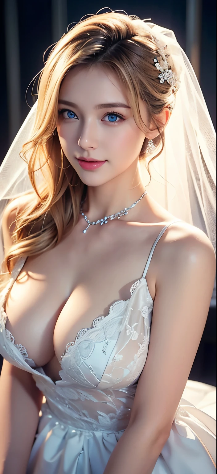 bride、wedding style、wedding styleの写真、Luxury Dresses、church、Lightly Dressed、Formal Wear、night景、illumination、blue eyes、blonde、short hair、Hair tied up、Full body photo、Sexy Face、short hair、 Complete look、(((masterpiece)))、((highest quality))、((超Realistic))、成熟したwoman、成熟したwoman、perspective、Very detailed、The perfect temptation、Best image quality、Fine-grained image quality、beautiful、European, woman, French, woman Italian, Italian, smile、blue eyes、jewelry, blue eyes, Realistic, High resolution, Glowing Skin, (Detailed face),jewelry, , night, blonde, Wavy Hair,attractive appearance, smile,Large Breasts、Cleavage