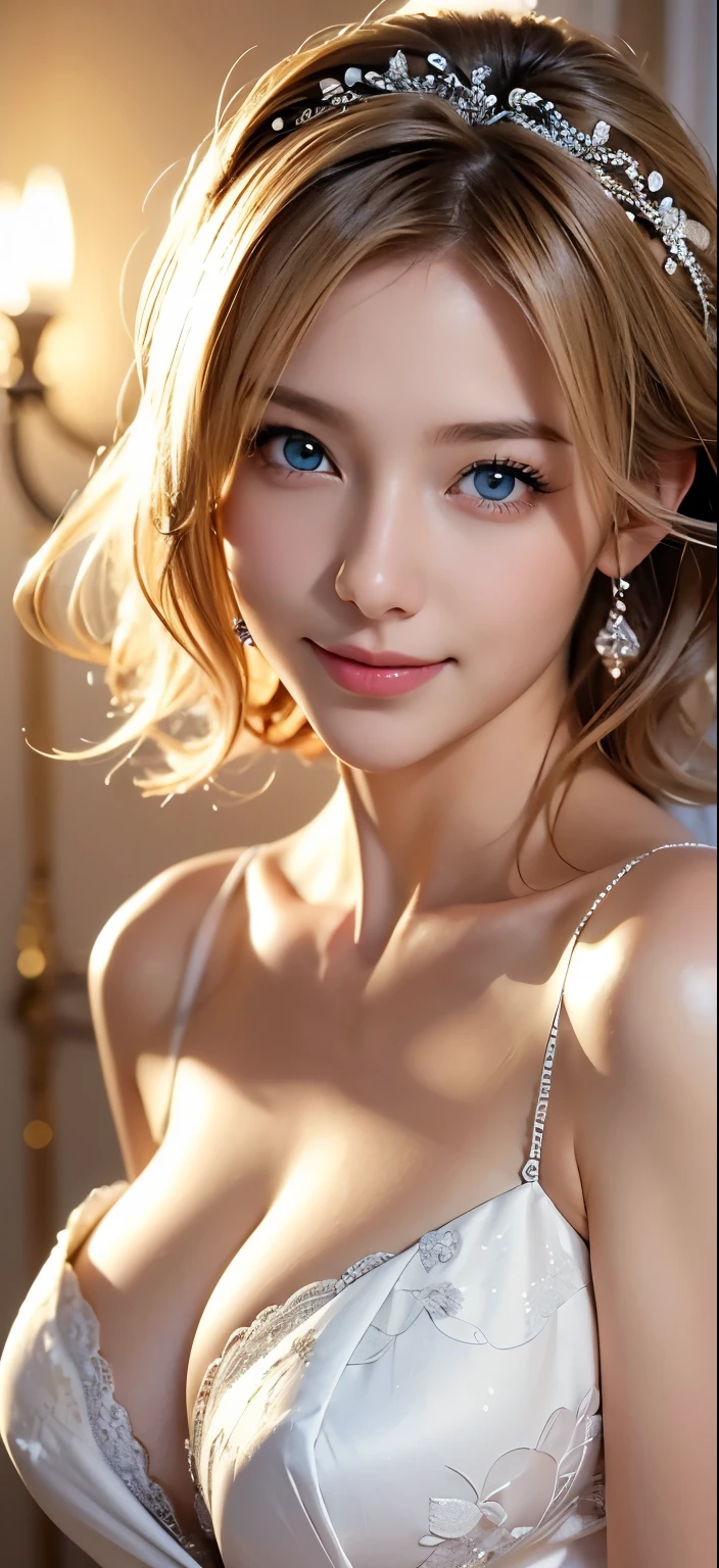 bride、wedding style、wedding styleの写真、Luxury Dresses、church、Lightly Dressed、Formal Wear、night景、illumination、blue eyes、blonde、short hair、Hair tied up、Full body photo、Sexy Face、short hair、 Complete look、(((masterpiece)))、((highest quality))、((超Realistic))、成熟したwoman、成熟したwoman、perspective、Very detailed、The perfect temptation、Best image quality、Fine-grained image quality、beautiful、European, woman, French, woman Italian, Italian, smile、blue eyes、jewelry, blue eyes, Realistic, High resolution, Glowing Skin, (Detailed face),jewelry, , night, blonde, Wavy Hair,attractive appearance, smile,Large Breasts、Cleavage