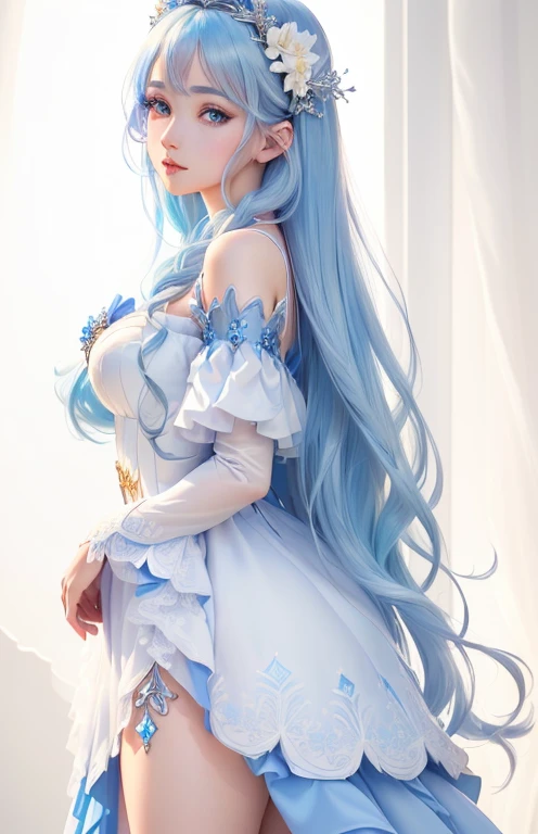 a beautiful anime girl in a white and blue dress with blue shoes, long beautiful detailed eyes, beautiful detailed lips, extremely detailed eyes and face, long eyelashes, intricate detailed anime style, fantasy princess dress, dreamlike elegant dress, beautiful fantasy woman, blue accent outfit, mirabel madrigal rendering, princess hino rei, icy blue dress, (best quality,4k,8k,highres,masterpiece:1.2),ultra-detailed,(realistic,photorealistic,photo-realistic:1.37),vivid colors,studio lighting,professional