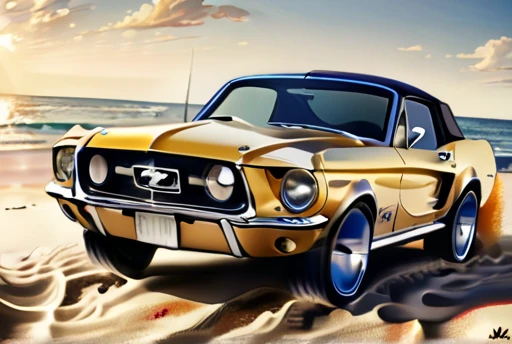 Ford Mustang 1967, rolando na areia, com sol, Manga Drawing Style, Realista, distant vision