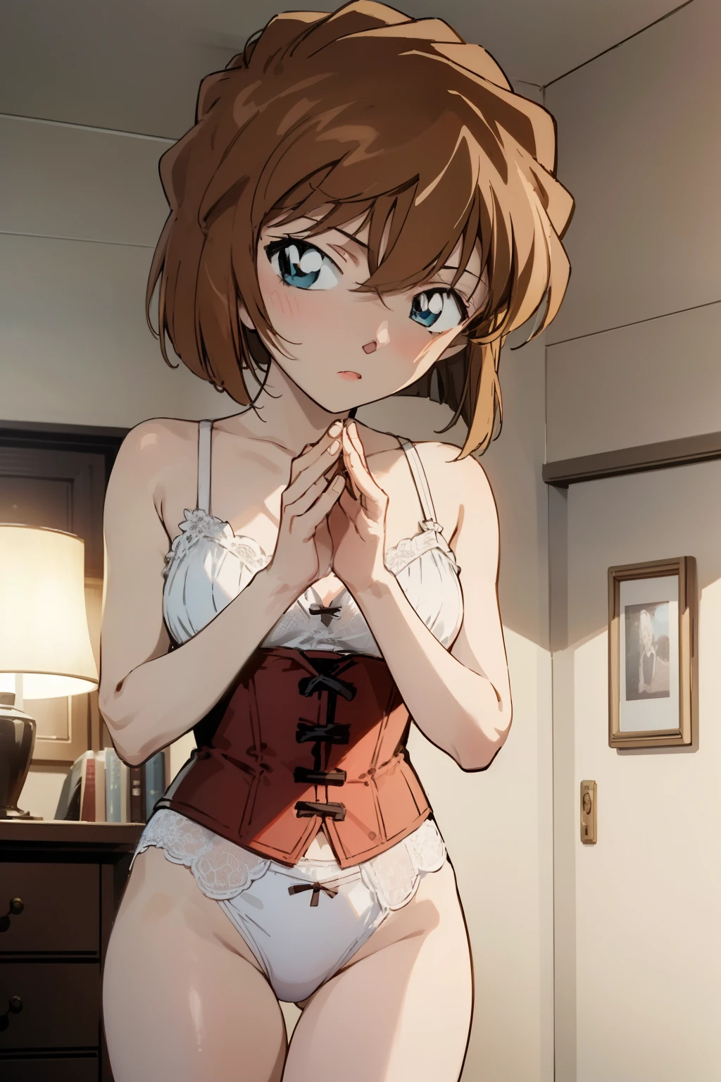 (((1Girl,))),Haibara Ai ,Detective Conan, short hair,masterpiece ,8k unity wallpaper,Anime key visual,highest quality, High resolution, unity 8k wallpaper, (shape:0.8), Very detailedな顔,Very detailedな目,Shining Eyes , Shiny skin,Fine skin,White skin,dense skin,Detailed Hair,Very elaborate legs,Perfect lighting, Detailed CG, (Perfect hands, Perfect Anatomy),High resolution,(Detailed wear ),Thin limbs, Delicate curves, Graceful Hands,shape:0.8,In white underwear, sexy corset, white Lace and lingerie with attention to detail,Bedroom, ((masterpiece)), (((highest quality))), ((Very detailed)) , break (masterpiece:1.2), highest quality, High resolution, unity 8k wallpaper, (shape:0.8), (Fine and beautiful eyes:1.6), Very detailedな顔, Perfect lighting, Very detailed CG, (Perfect hands, Perfect Anatomy),