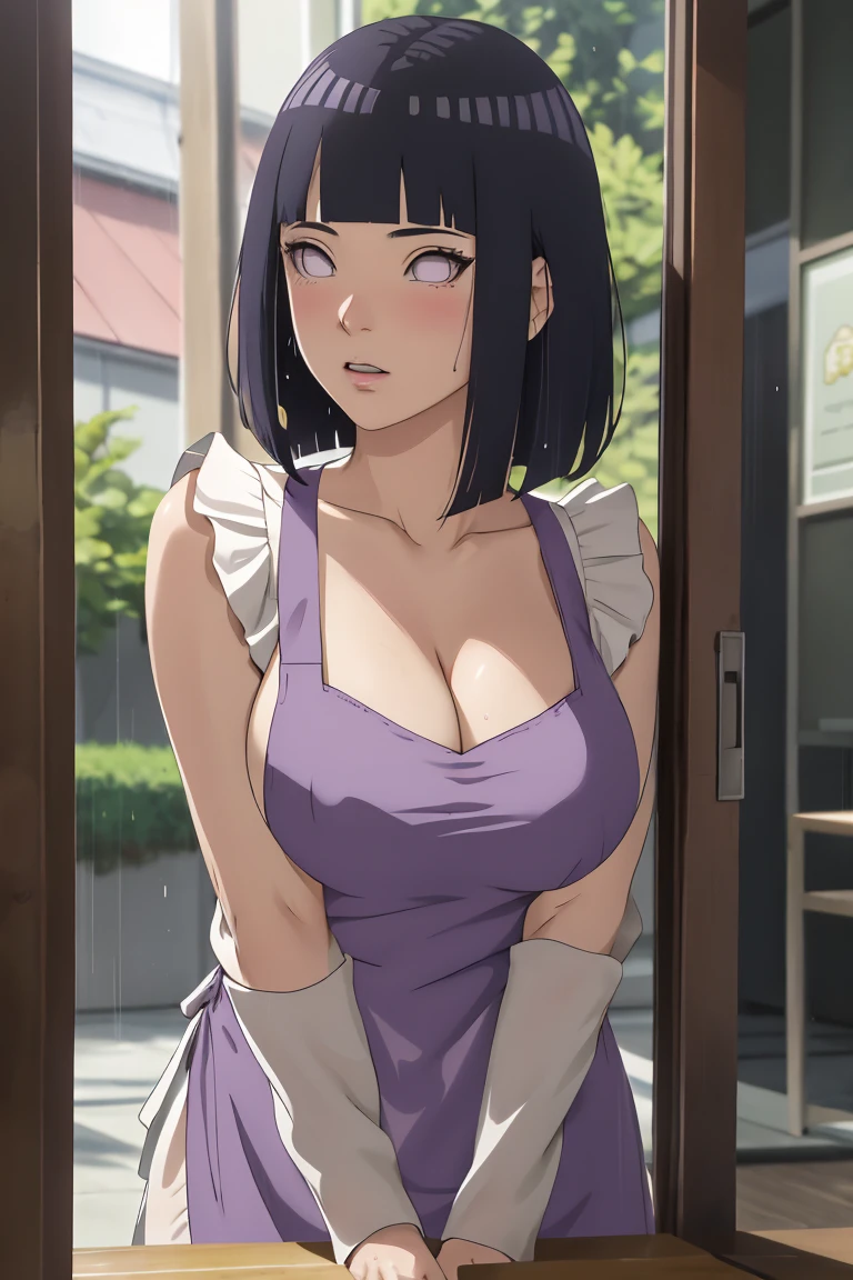 Made, absurderes, Hinata\(Boruto\), 1girll, Solo,Mature female, view the viewer,Perfectcomposition, Detailed lips, big breast, Beautiful face, body propotion, Blush, (Pink lips), Long hair, Purple eyes, Soft Gaze, Sticky Liquid In the mouth, Sticky Liquid in the Breast, Super realistic, Detailed, photoshoot, Realistick faces and bodies，（perspire，Sweat a lot，Blushlush，Be red in the face，Blushlush），（Bigboobs），Outdoors，Stand at the door of the phone booth，natta，raining day, ((apron)), ((cleavage)), sideboob