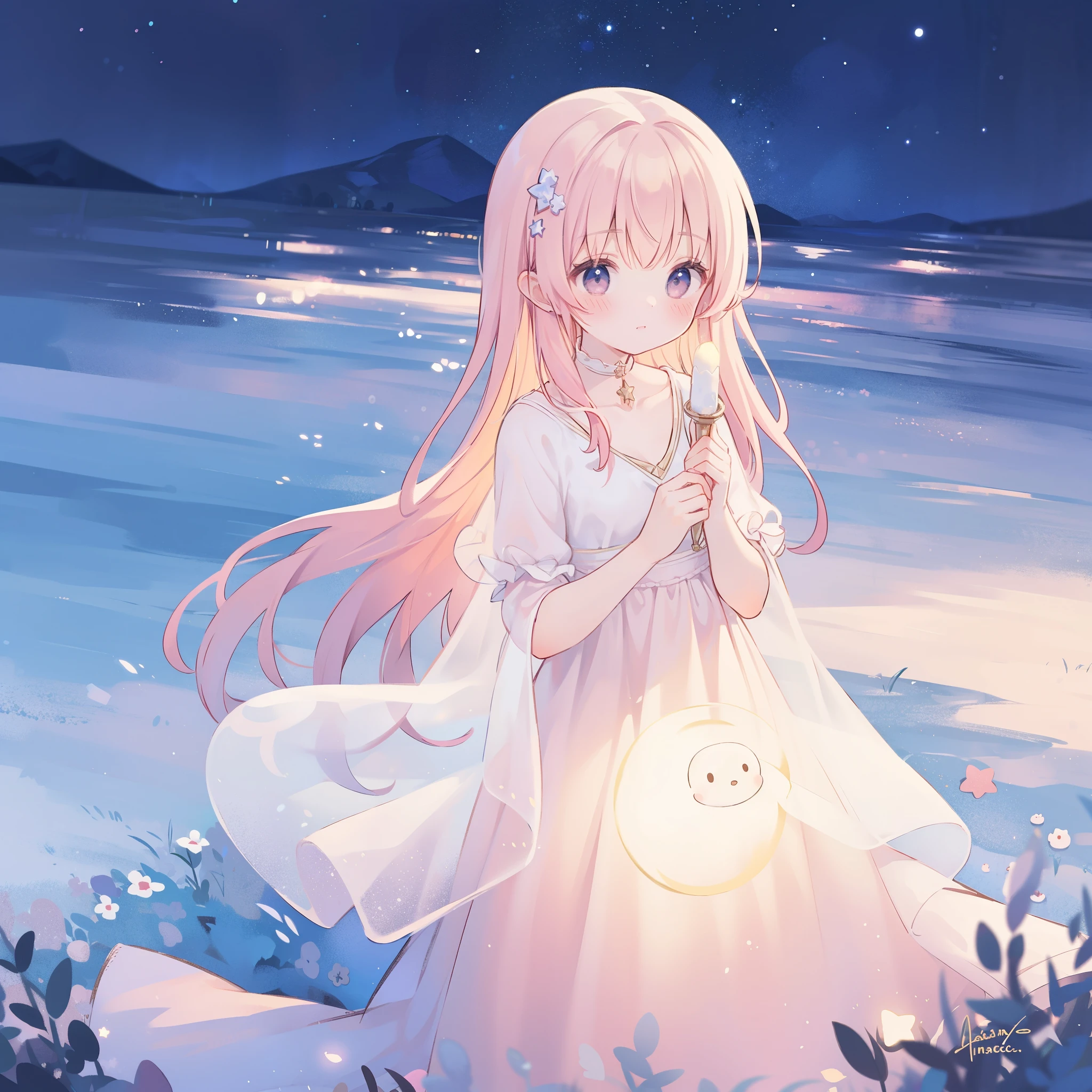 complex background, wishing star background, a woman wearing an ethereal mystical pink translucent dress that reflects the stars, dreamy, peaceful, serene composition, glowing stars, glowing, mystic, complex drawing, highly detailed, ethereal, starry night, midjourney style
