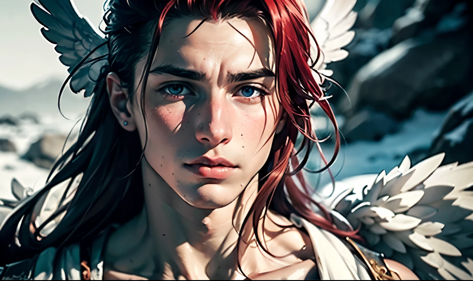 ((masterpiece)), ((best quality:1.2)), High Resolution, 8k, (ultra_realistic:1.3), (photorealistic:1.4), highly detailed, ((1boy)), (close up) strikingly handsome masculine ethereal male angel or seraphim, ((long silky red hair)), white or pale iris eyes, (wearing fantasy angel clothing), ((tattered angel wings)), background is a bleak snowy rocky hellish desolate wasteland like Cania, ((clean shaved face)), muscular body, narrow waist, cinematic, crystal clear, (global illumination), (subsurface scattering), (bleak lighting, soft light)