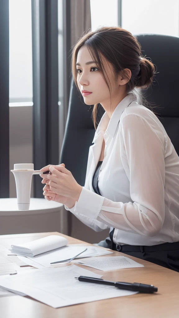 Realistic, (clear, High-quality images), model, (Job interview, interviewer'Perspective), I can see your thighs, A woman wearing a miniskirt sits on a chair、Front view of the person looking straight at the interviewer, Seduction by showing off her white panties, Very large, (Breaststroke prohibited), Unbuttoned shirt, smile, beautiful eye smile, Well defined sternum, Spread your legs boldly, clearな陰部の痕, Front down angle, Bookshelf, window, Suit jacket, Small earrings, (Stylish glasses),
