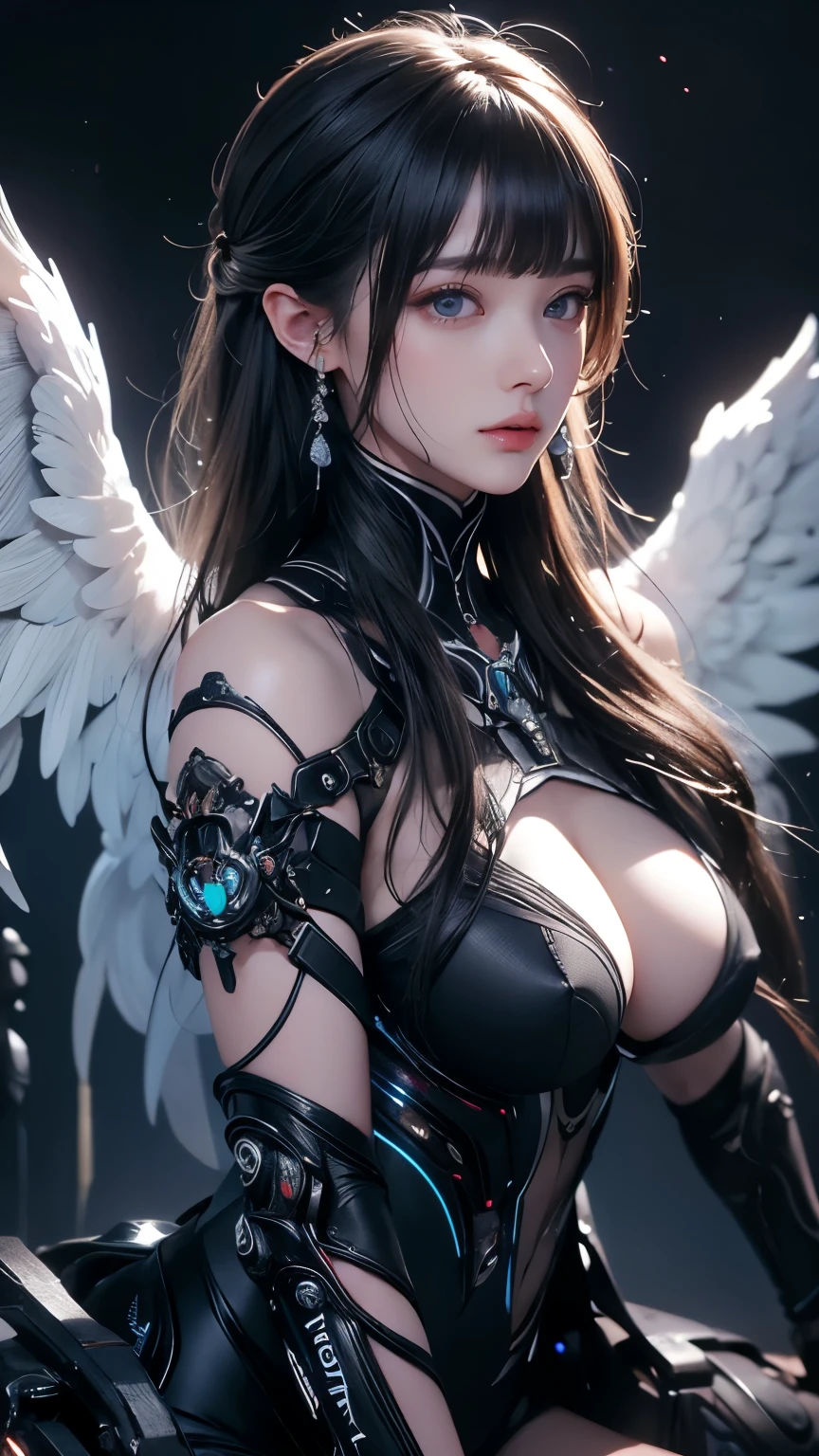 masterpiece, highest quality, Super detailed, Facing the camera, 複雑に詳細なSuper detailed, Realistic, Sharp features, Very detailed, Sharp focus, Perfect Face, Perfect symmetrical perfect eyes, Perfect Plump Lips, Flexible female form, Cinematic, Film Light, Super detailed, hyper Realistic, masterpiece, Atmospheric, High resolution, Vibrant, Dynamic Studio Lighting, ((Dark Background)), The expression when enduring pleasure, Straight bangs, blue eyes,Sexually aroused expression、(masterpiece), (highest quality), (highest quality), masterpiece, (High quality CG illustration), ((Very delicate and beautiful)), (A little while ago), Cinematic Light, Grotesque Machine Girl, Ultra-Realistic Details, Portrait, Global Illumination, Ultra Sharp, Complex, Decorations detailed, Cold colors, Metal, 非常にComplex詳細, Realistic Light, Shining Eyes, Neon Details, Mechanical Limbs, Blood vessels connected to tubes, Pipe connected to the crotch, Mechanical vertebrae attached to the back, Cervical vertebrae mechanically attached to the neck, Sit on, Wires and cables connected to the head, Small breasts, Small eye butt, ((Lament)), ((Angel Wings)), Emphasis on mechanical structure, (((Focus on the mechanical interior))), (Put a little emphasis on mechanical bones) ,Nipples, No pubic hair, (((Realisticな))). Candlelit cathedral interior at night, Tears of Blood, Soft breasts and buttocks and face, Limbs are restrained