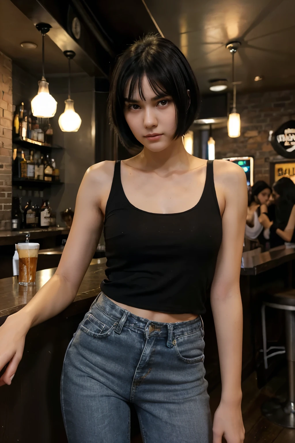 (16 year old girl) (slender body), ((black hair)) (short hair) (black eyes) (white skin). beautiful face, perfect and delicate face. expression of boredom. full body, girl with western face (tall girl) thin legs, thin arms (black jeans, black shirt)(girl in bar, rock bar) happy and cheerful girl