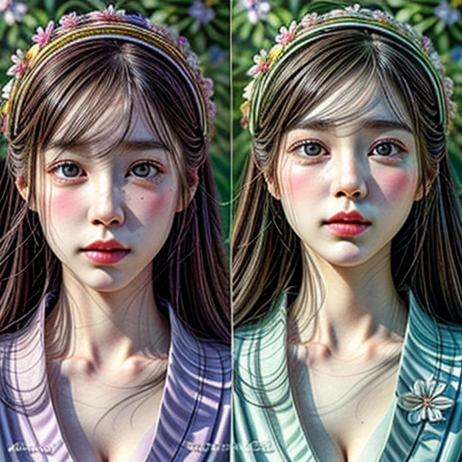 Menina de 17 anos olhos preto cabelos cacheados cor rosa choque com fundo com arvores sakura ultra realista