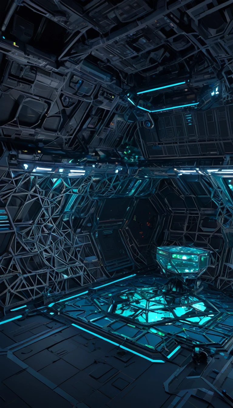 3d game asset of a low poly mesh of a interior of strange alien space battleship, the spaceship ressembles a dark ant nest with high-tech Pipes, eletric wires and lights mixed with some ant-lizard bioluminescent wall as part of ITS structure, painel and objects, automatic Doors, and transparents walls, dark and fearfull modo, mysteries and sinister
