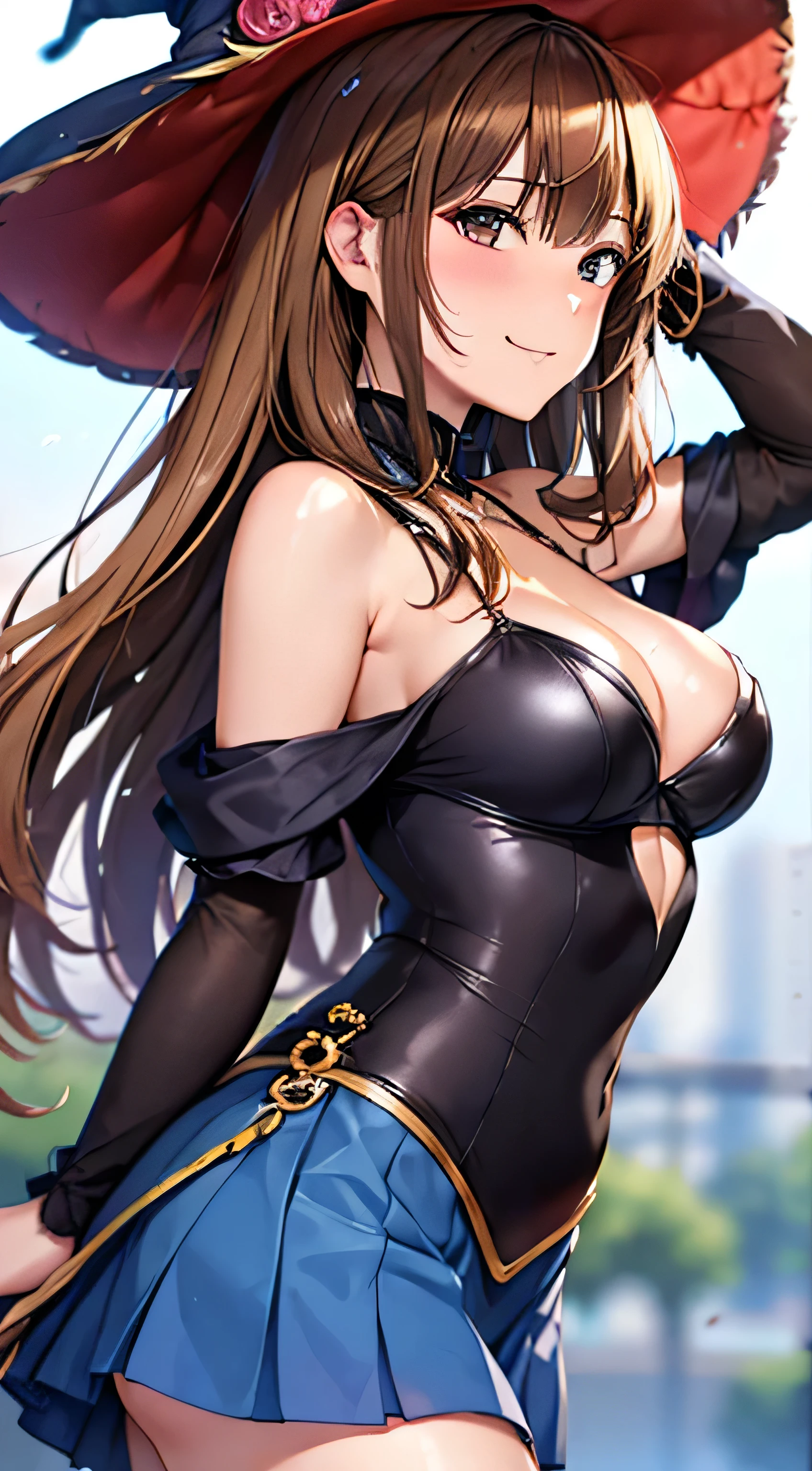 ((Tabletop, highest quality, High resolution, , Pixel Perfect, 4K, ))), Beautiful woman,, alone, beauty、The whole body is visible、 (((Sexy Witch Cosplay), Long dark blonde wavy hair、Off-the-shoulder jacket, Dark blue flared skirt、Witch Hat、, bangs, )), ((Brown eyes, Beautiful eyelashes, Realistic eyes)), ((Detailed face, Blushing:1.2)), ((Smooth texture:0.75, Realistic texture:0.65, Realistic:1.1, Anime CG Style)), Center of chest, Dynamic Angle, Perfect body, ((,)), Leaning forward、、、Very embarrassing panic smile, 、Castle Town Square、(The wind flipped up her skirt, Pink lace panties are in full view、、、、、)、Angle from below