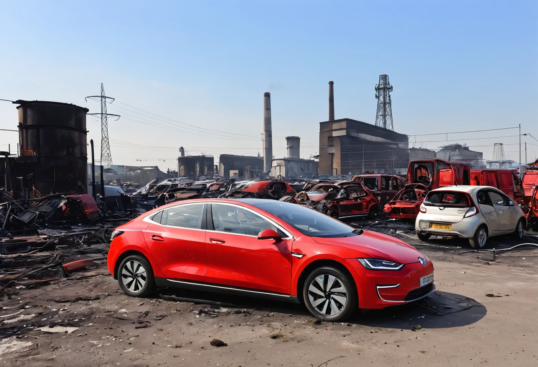 a red incinerator car stands near an electric substation, where in the background is a scrapyard of burned-out and worn-out modern electric cars