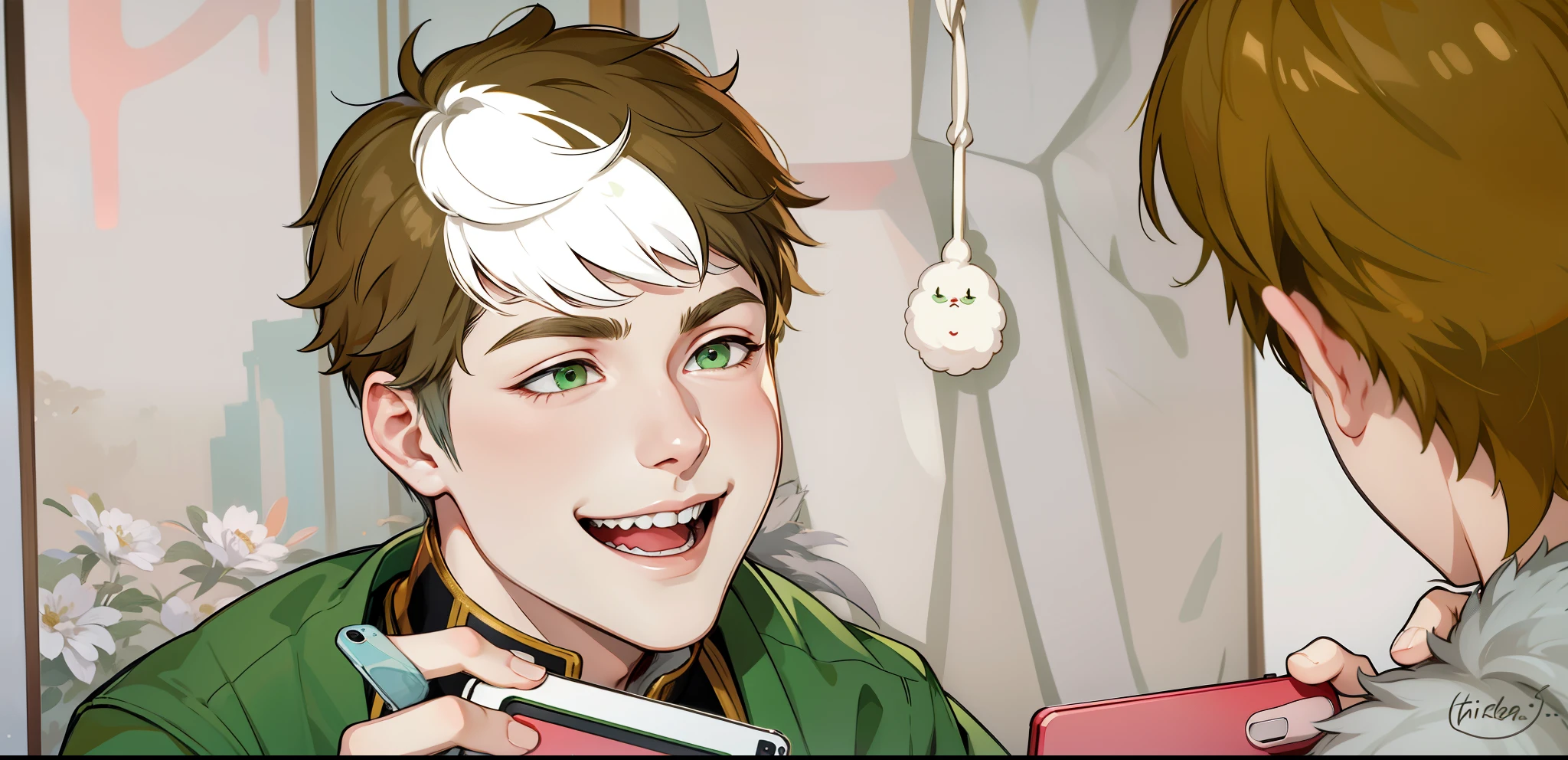 white hair green eyes is talking and laughing mischievously with malice cute 17 year old boy is taking a photo with a red cell phone