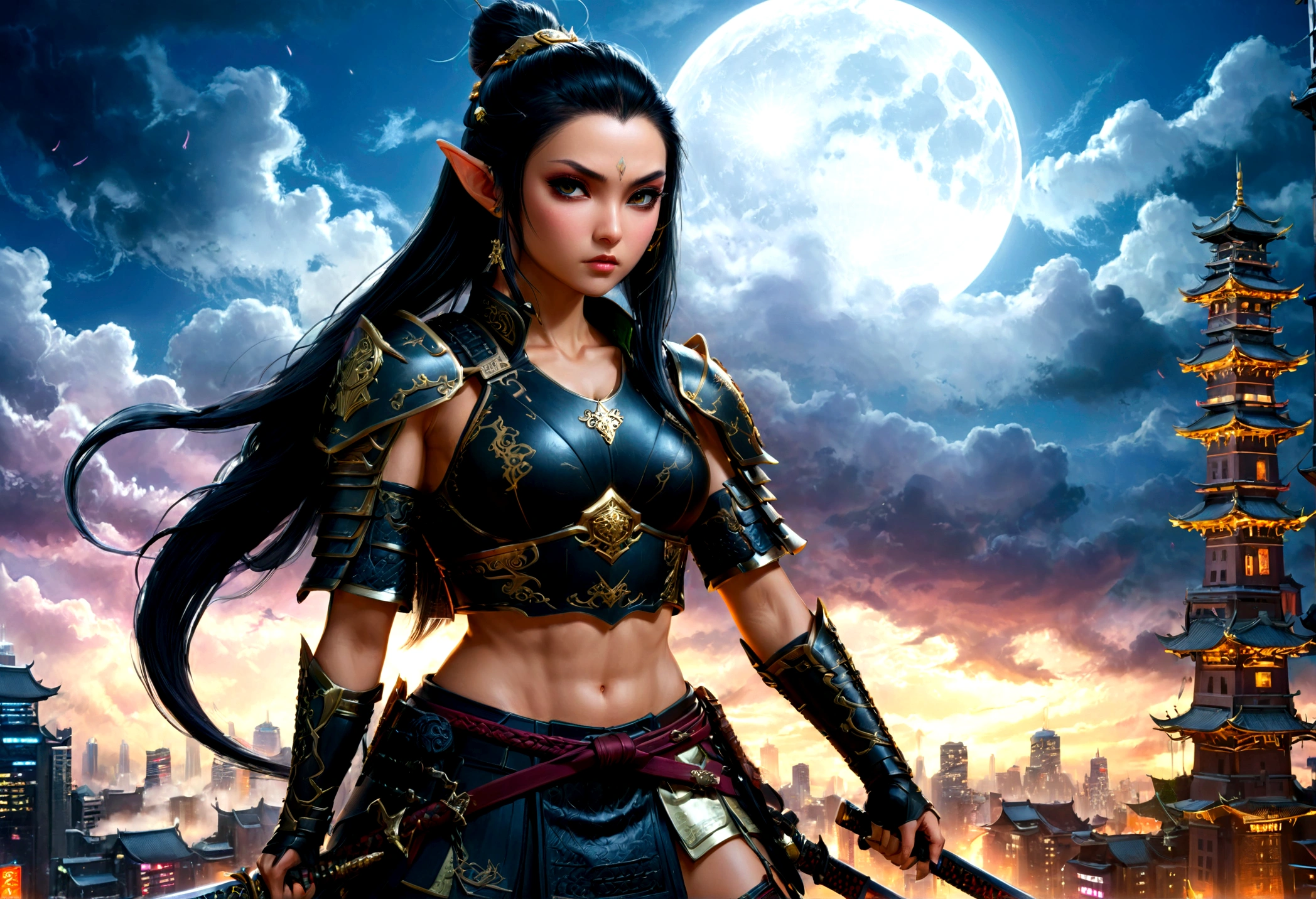 fantasy art, RPG art, dark fantasy art, a female elf samurai, ready to battle, she wears traditional samurai armor, she wears armored skirt, armed with a katana, she stands on top of a tower in a cyberpunk city, exquisite beautiful female elf, long hair, black hair, straight hair, braided hair, black eyes, intense eyes, small pointed ears, cyberpunk city at night, background, moon, stars, clouds, god rays, soft natural light, dynamic angle, photorealism, panoramic view, ultra best realistic, best details, 16k, [ultra detailed], masterpiece, best quality, (extremely detailed), photorealism, 