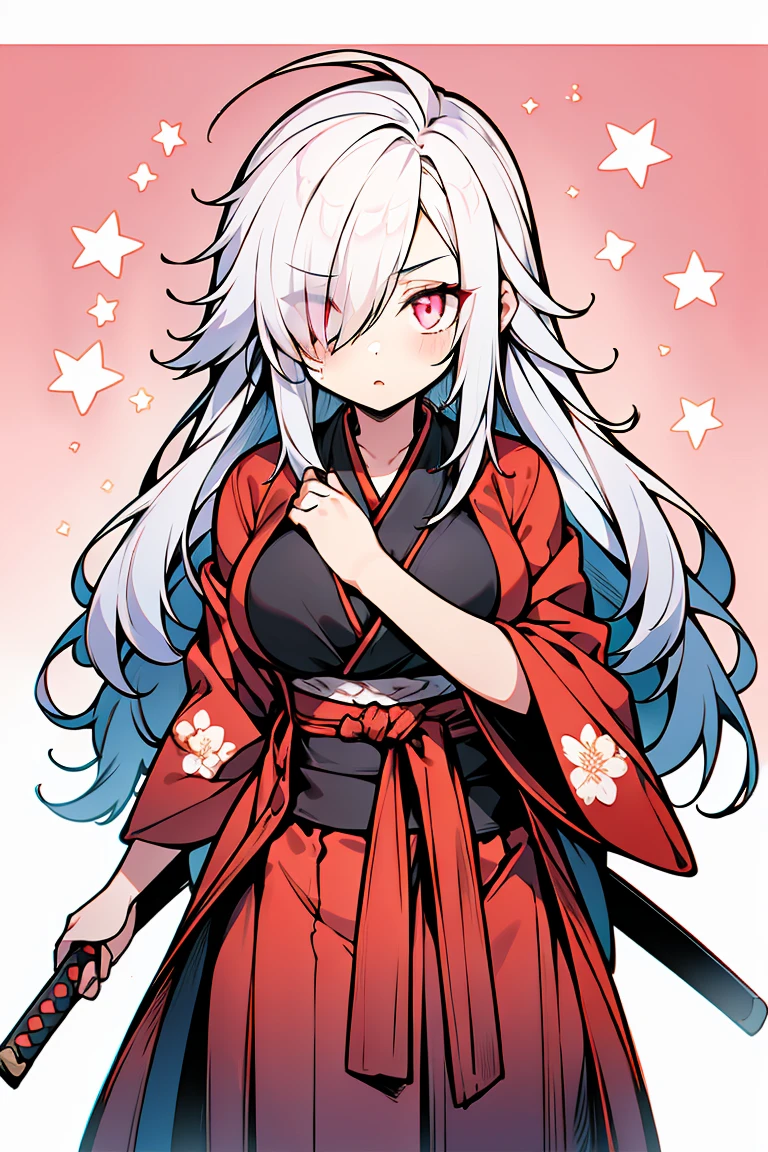  ((1 girl)), kunoichi, (((Bangs covering one eye))), Ninja, Red kimono, Holding a sword, Rough poses, sleepy, Masked, Droopy eyes, Latest modern fashion, Floral costume, fluffy, warm, Big Breasts, squat, Cowboy Shot,((Very detailed,highest quality, High resolution, Indifference, 8k wallpaper, Beautiful clothes,)),((Pure white hair)), Long Hair,Messy Hair, eye shadow, eyeliner,Glow Eye, Very detailedな目, Beautiful Eyes, (Glowing pink eyes),22-year-old girl,