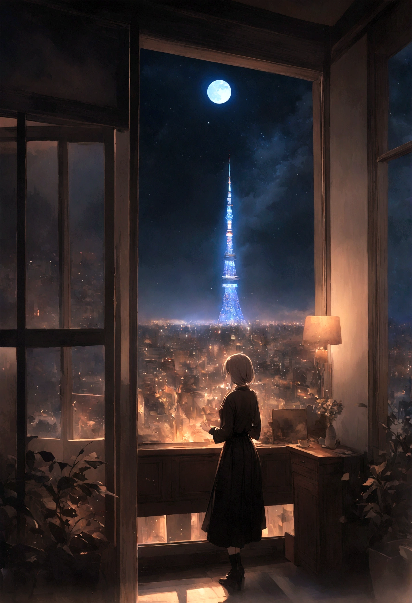 woman1people、非常に長い黒髪のwoman、Spectacular views、Night Scene、The view from a high floor of a tower apartment、Full moon night sky、swirling starry sky、8K、Best Quality、The whole body is in the photo、Like the night view of Tokyo、womanはミニスカートで股間が見えている
