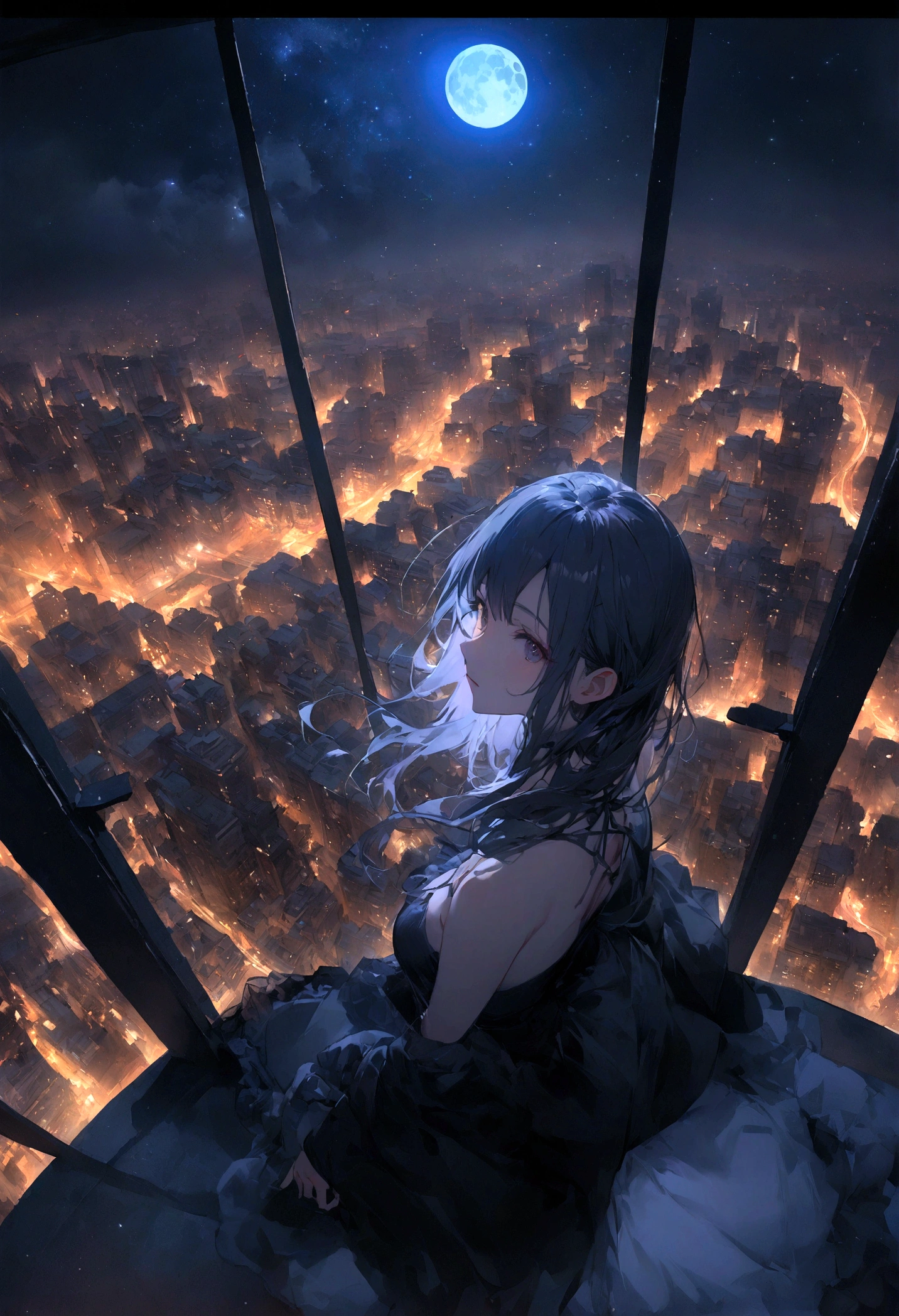 woman１people、非常に長い黒髪のwoman、Spectacular views、Night Scene、The view from a high floor of a tower apartment、Full moon night sky、swirling starry sky、８K、Best Quality、The whole body is in the photo、Like the night view of Tokyo、womanはミニスカートで股間が見えている