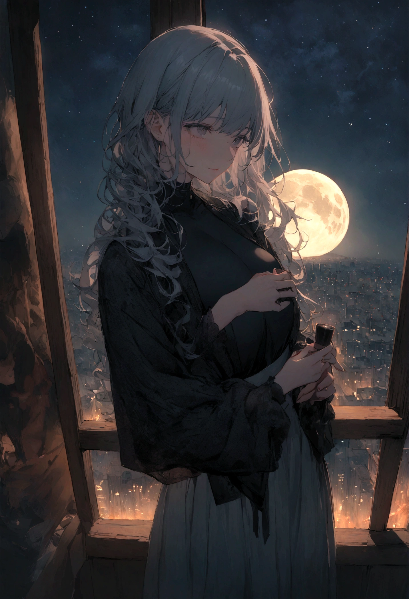 woman1people、非常に長い黒髪のwoman、Spectacular views、Night Scene、The view from a high floor of a tower apartment、Full moon night sky、swirling starry sky、8K、Best Quality、The whole body is in the photo、Like the night view of Tokyo、womanはミニスカートで股間が見えている