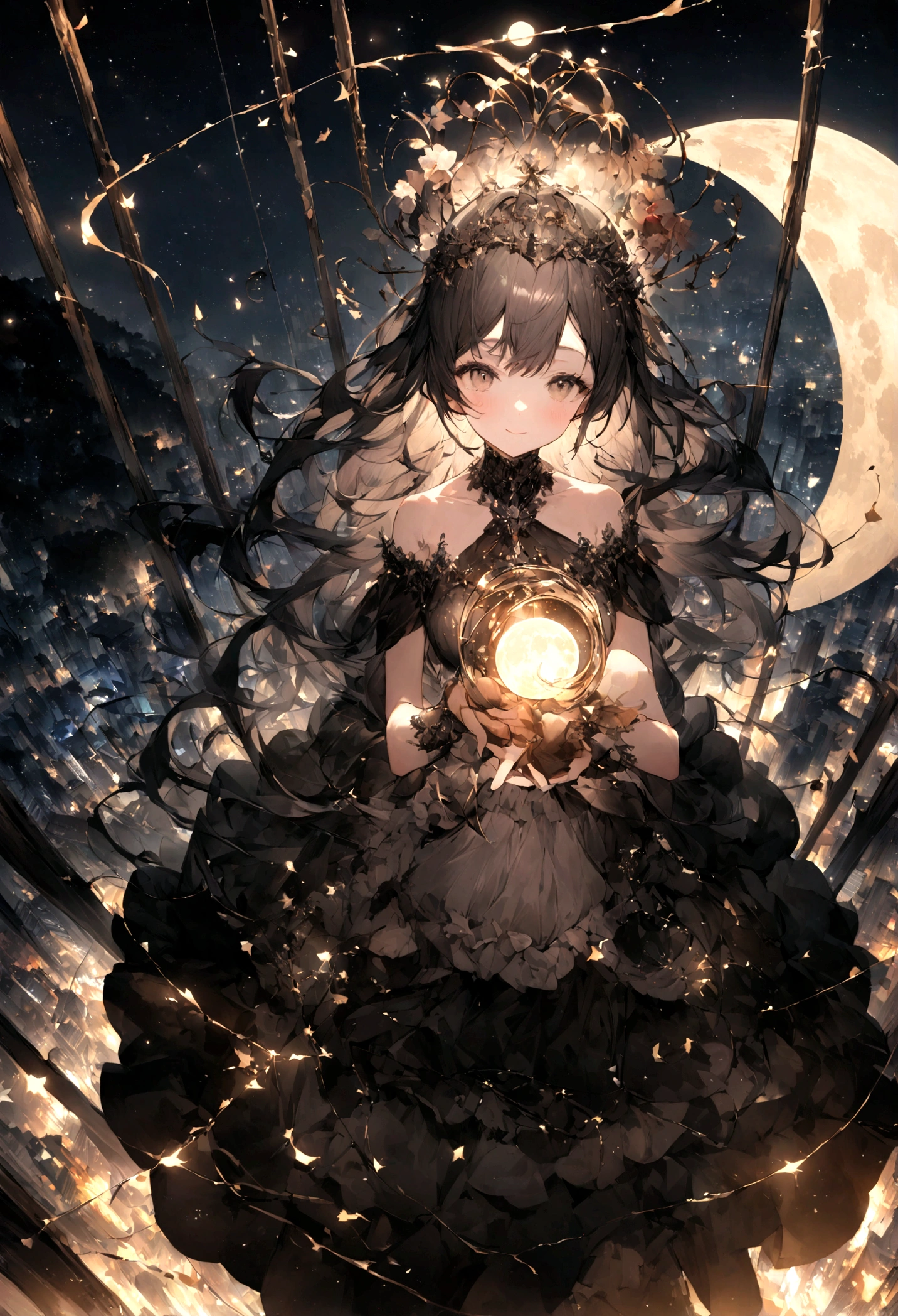 woman1people、非常に長い黒髪のwoman、Spectacular views、Night Scene、The view from a high floor of a tower apartment、Full moon night sky、swirling starry sky、8K、Best Quality、The whole body is in the photo、Like the night view of Tokyo、womanはミニスカートで股間が見えている